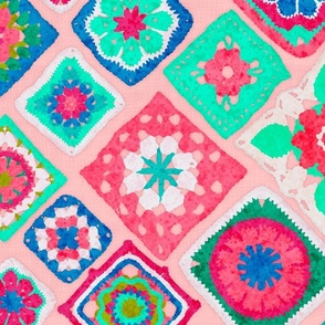 Granny Squares pink turquoise blue cheater quilt