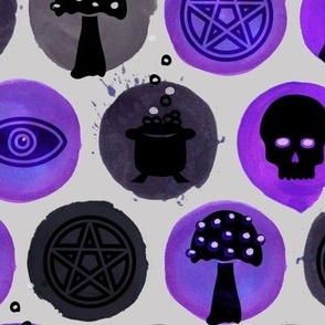 Eclectic Witch Pattern with Purple Watercolor Circles for Halloween