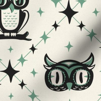 Owl Argyle - Retro Halloween Ivory Nightshade Green Large Scale