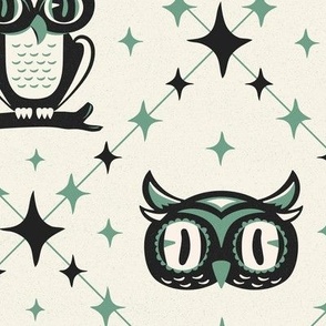 Owl Argyle - Retro Halloween Ivory Nightshade Green Large Scale
