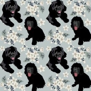 Pastel Blue Floral Newfoundland Dogs small print blue fabric