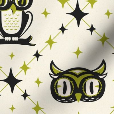 Owl Argyle - Retro Halloween Ivory Lime Green Large Scale