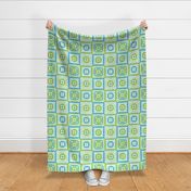Bigger Scale Granny Square Patchwork 6" Squares Blue and Green on White for Cheater Quilt or Blanket