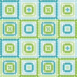 Smaller Scale Granny Square Patchwork 3" Squares Blue and Green on White for Cheater Quilt or Blanket