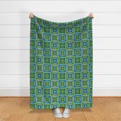 Bigger Scale Granny Square Patchwork 6" Squares Blue and Green on Navy for Cheater Quilt or Blanket