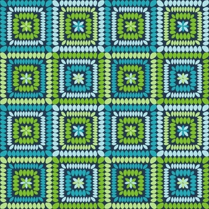 Bigger Scale Granny Square Patchwork 6" Squares Blue and Green on Navy for Cheater Quilt or Blanket