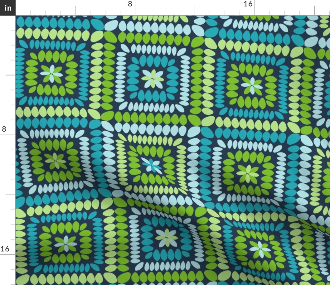 Bigger Scale Granny Square Patchwork 6" Squares Blue and Green on Navy for Cheater Quilt or Blanket