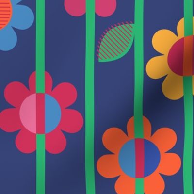 Fun Retro Mod Bright Colorful Flowers  on Green Vertical Stripes on White Ground 