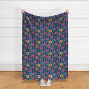 Fun Retro Mod Bright Colorful Flowers  on Green Vertical Stripes on White Ground 