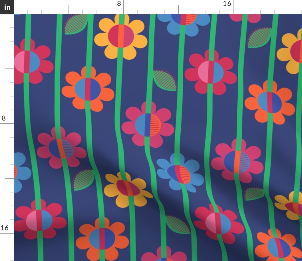 Fun Retro Mod Bright Colorful Flowers  on Green Vertical Stripes on White Ground 