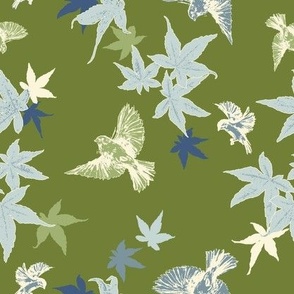 Birds & Maple Leaves - Green & Blue - Medium Scale