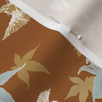 Birds & Maple Leaves - Sienna Brown & Blue - Medium Scale