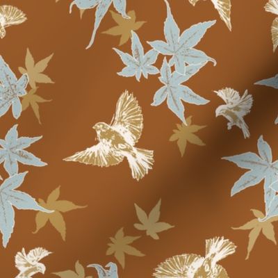 Birds & Maple Leaves - Sienna Brown & Blue - Medium Scale