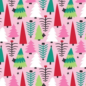 Christmas trees and black cats on pink 