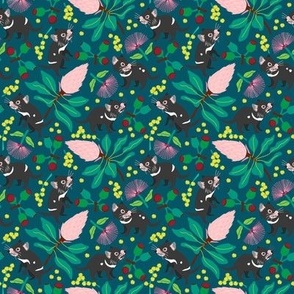 Small Tasmanian Devil Surrounded By Australian Flora with Dark Teal Background