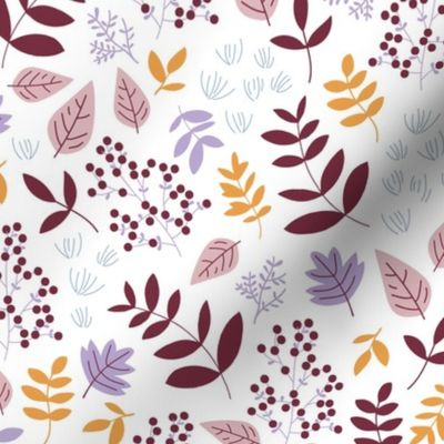 autumn leaves botanical garden berries and branches in burgundy beige camel orange lilac on white