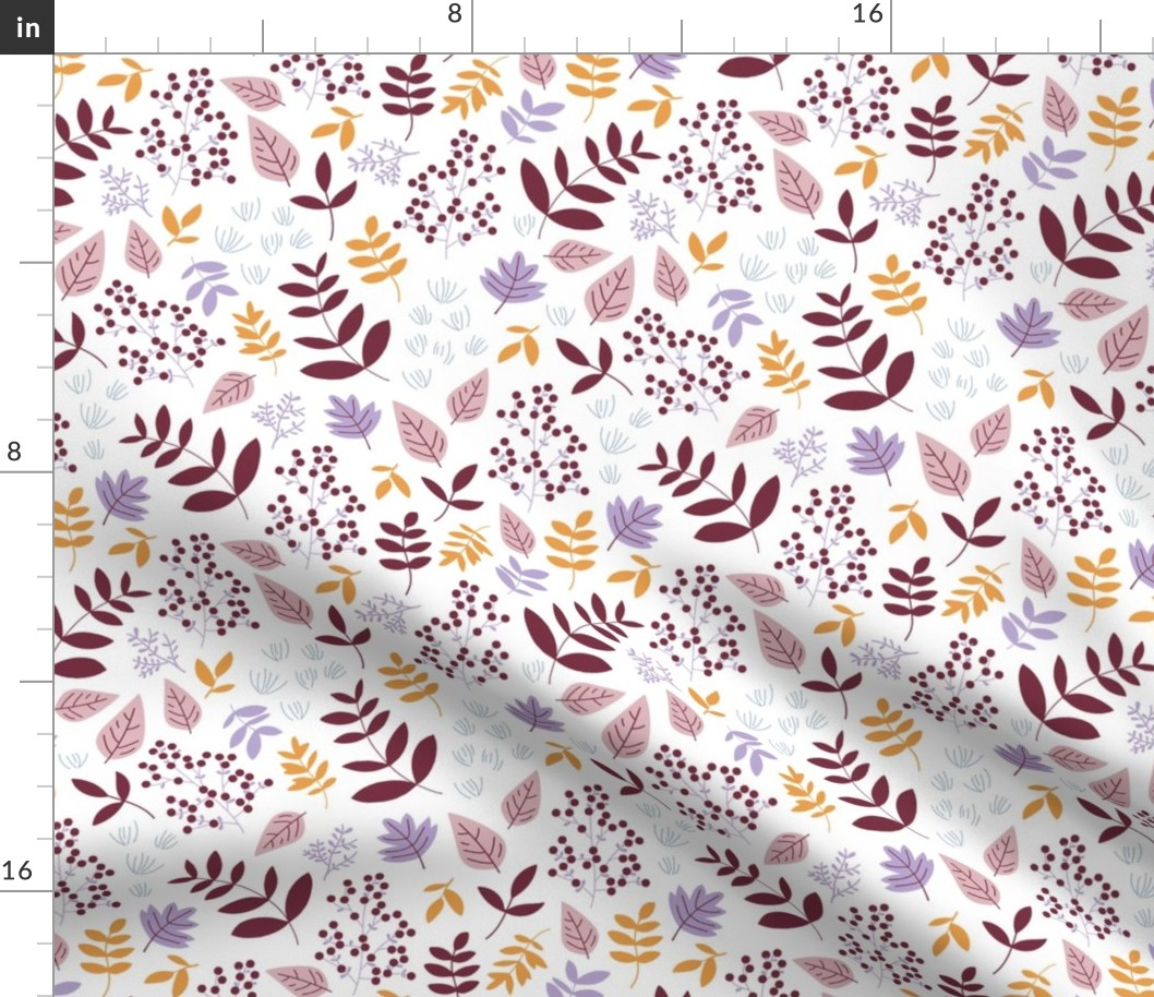 autumn leaves botanical garden berries and branches in burgundy beige camel orange lilac on white