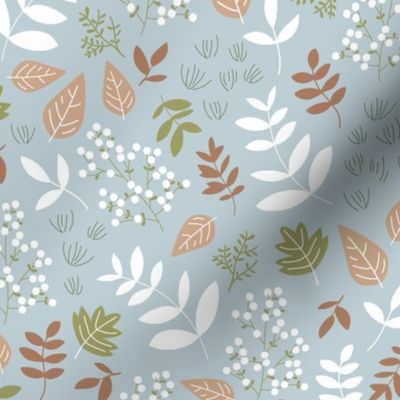 autumn leaves botanical garden berries and branches in white camel chocolate green on misty teal