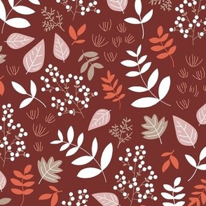 autumn leaves botanical garden berries and branches in slate white camel orange on burgundy