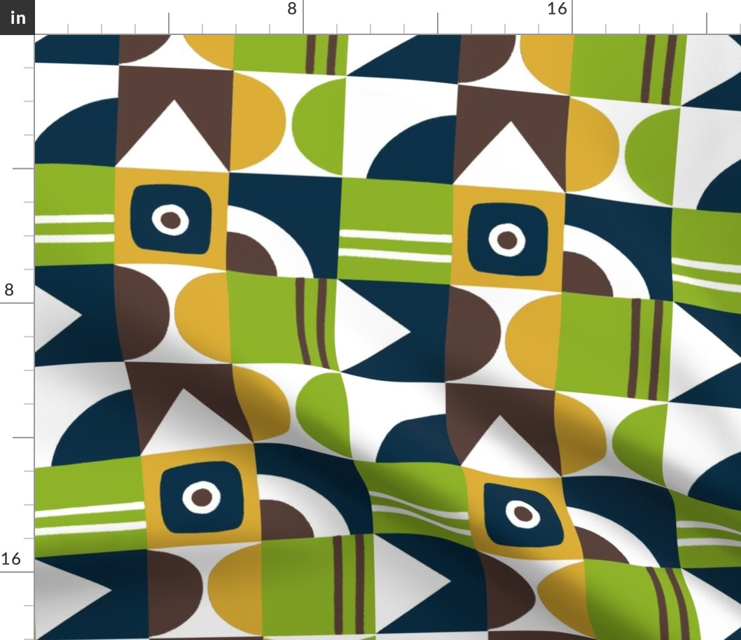 African Geometric Squares in brown, yellow and green 