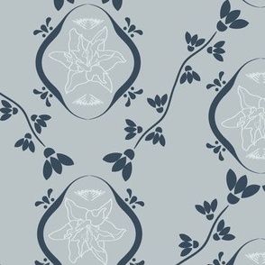 Lilies embedded Damask Style White and Blue