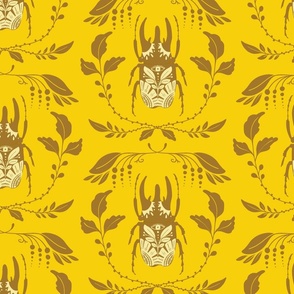 Beetle Bug Damask Yellow Brown Gold half drop large wallpaper fabric 