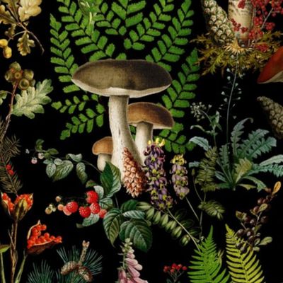 18" Nostalgic Psychadelic Forest Mushroom Kitchen Wallpaper,   Vintage Edible Mushrooms Fabric, Vintage Forest, Antique Greenery, Fall Home Decor,  Woodland Harvest, - linen canvas effect - black