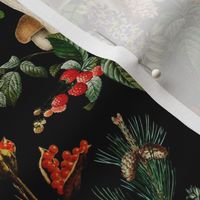18" Nostalgic Psychadelic Forest Mushroom Kitchen Wallpaper,   Vintage Edible Mushrooms Fabric, Vintage Forest, Antique Greenery, Fall Home Decor,  Woodland Harvest, - linen canvas effect - black