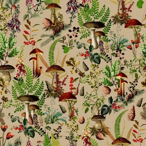 18" Nostalgic Psychadelic Forest Mushroom Kitchen Wallpaper,   Vintage Edible Mushrooms Fabric, Vintage Forest, Antique Greenery, Fall Home Decor,  Woodland Harvest, - linen canvas effect - beige