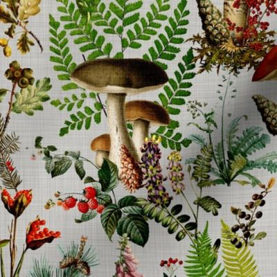 18" Nostalgic Psychadelic Forest Mushroom Kitchen Wallpaper,   Vintage Edible Mushrooms Fabric, Vintage Forest, Antique Greenery, Fall Home Decor,  Woodland Harvest, - linen canvas effect - grey