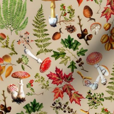 18" Nostalgic Forest Psychadelic Mushroom Kitchen Wallpaper,   Vintage Mushrooms Fabric, Vintage Forest, Antique Greenery, Fall Home Decor,  Woodland Harvest, - beige 