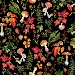 18" Nostalgic dark academia Forest Psychadelic  Mushroom Kitchen Wallpaper,   Vintage Mushrooms Fabric, Vintage Forest, Antique Greenery, Fall Home Decor,  Woodland Harvest, - black 