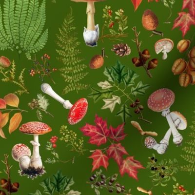 18" Nostalgic Forest Dramatic Psychadelic Mushroom Kitchen Wallpaper,   Vintage Mushrooms Fabric, Vintage Forest, Antique Greenery, Fall Home Decor,  Woodland Harvest, - green 