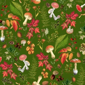 18" Nostalgic Forest Psychadelic Mushroom Kitchen Wallpaper,   Vintage Mushrooms Fabric, Vintage Forest, Antique Greenery, Fall Home Decor,  Woodland Harvest, - green 