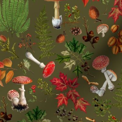 18" Nostalgic Forest Psychadelic Mushroom Kitchen Wallpaper,   Vintage Mushrooms Fabric, Vintage Forest, Antique Greenery, Fall Home Decor,  Woodland Harvest, - sage 