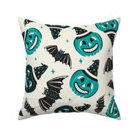 Pumpkin Party - Retro Halloween Ivory Teal Large Scale