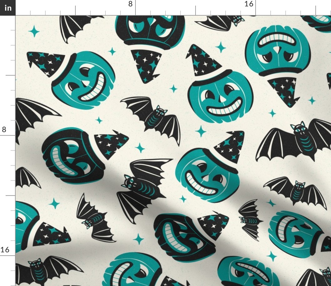 Pumpkin Party - Retro Halloween Ivory Teal Large Scale