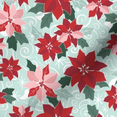 Christmas Poinsettias Floral - Red & Green - Medium Scale