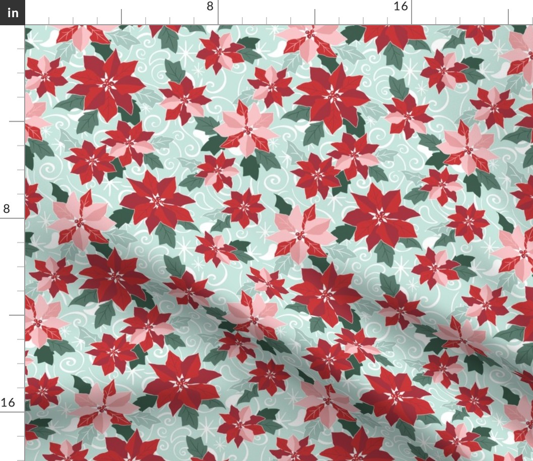 Christmas Poinsettias Floral - Red & Green - Medium Scale