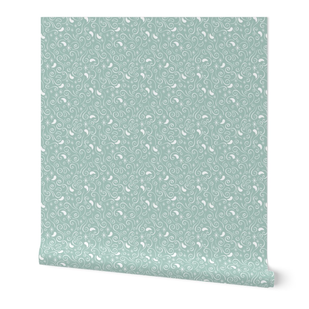 Swirly Stars Paisley - Mint & White - Medium Scale
