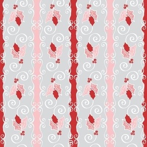 Holly & Swirls Stripe - Pink, Red & Grey - Medium Scale