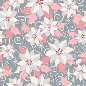 Christmas Poinsettias Floral - Frost Pink & Grey - Medium Scale