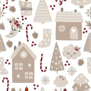 Medium Scale Wintry Night Boho Christmas Eve Holiday Homes on White