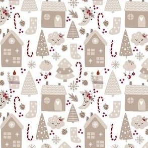 Small Scale Wintry Night Boho Christmas Eve Holiday Homes on White