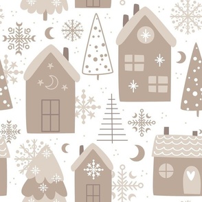 Large Scale Wintry Night Boho Christmas Eve Holiday Homes on White