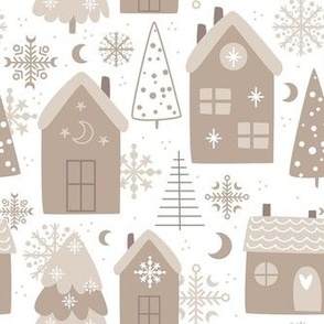 Medium Scale Wintry Night Boho Christmas Eve Holiday Homes on White
