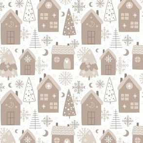 Small Scale Wintry Night Boho Christmas Eve Holiday Homes on White