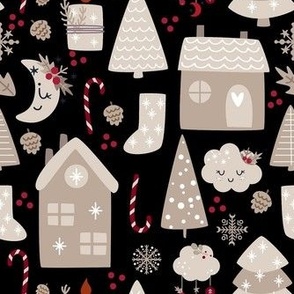 Medium Scale Wintry Night Boho Christmas Eve Holiday Homes on Black