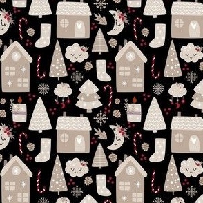 Small Scale Wintry Night Boho Christmas Eve Holiday Homes on Black