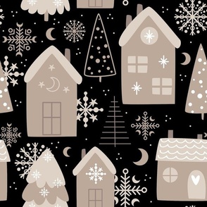 Large Scale Wintry Night Boho Christmas Eve Holiday Homes on Black
